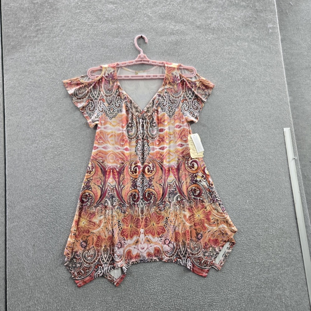 One World Women Dress M Pink Floral Fit & Flare Bohemian Whimsical Short Sleeve